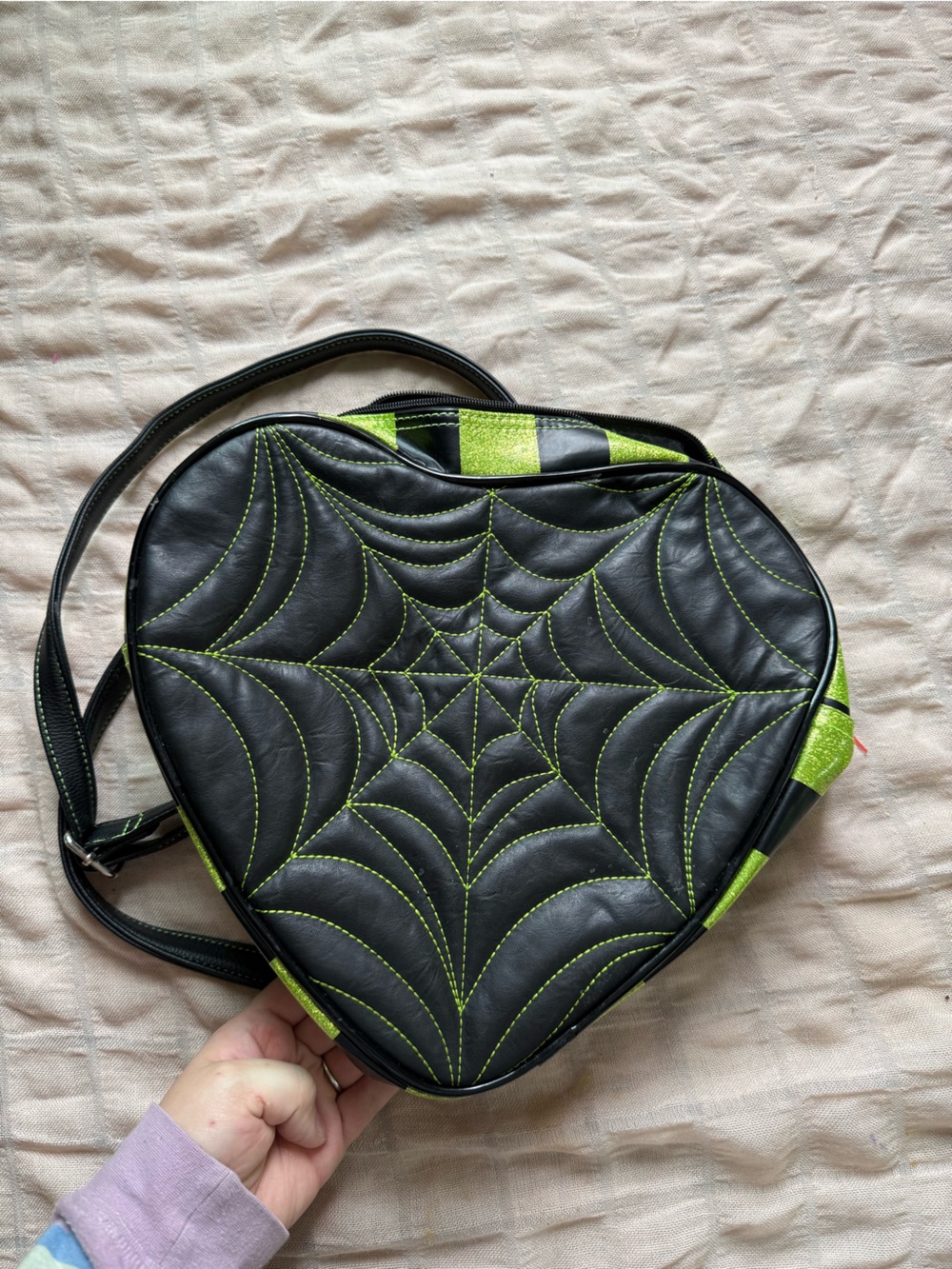 Black & Sparkling Lime Heart Backpack Love Pain Stitches Pumpkin Kult